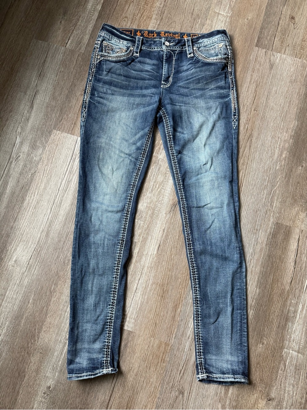 VTG y2K Rock Revival Rima Women's Distressed Slim Skinny Jeans Washed Blue Faded